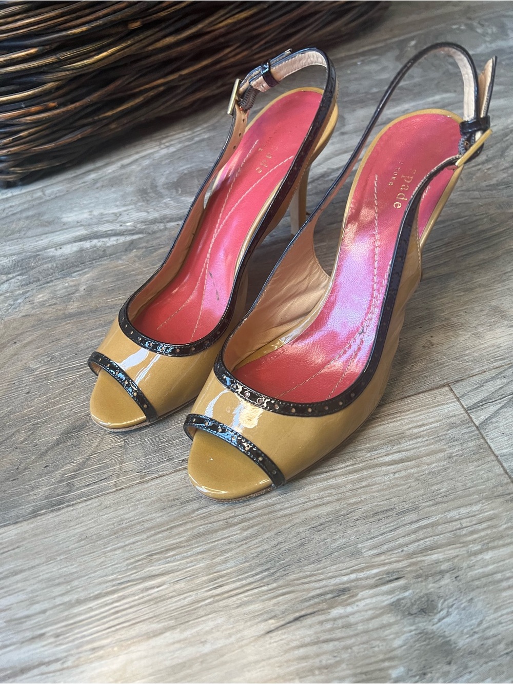 kate spade Mustard Patent Peep-Toe Slingback Heels with Pink Insole
